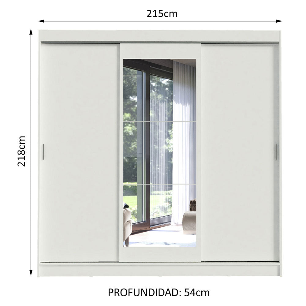 Placard Ropero Matrimonial Madesa Istambul 3 Puertas Corredizas con Espejo 3 Cajones Blanco