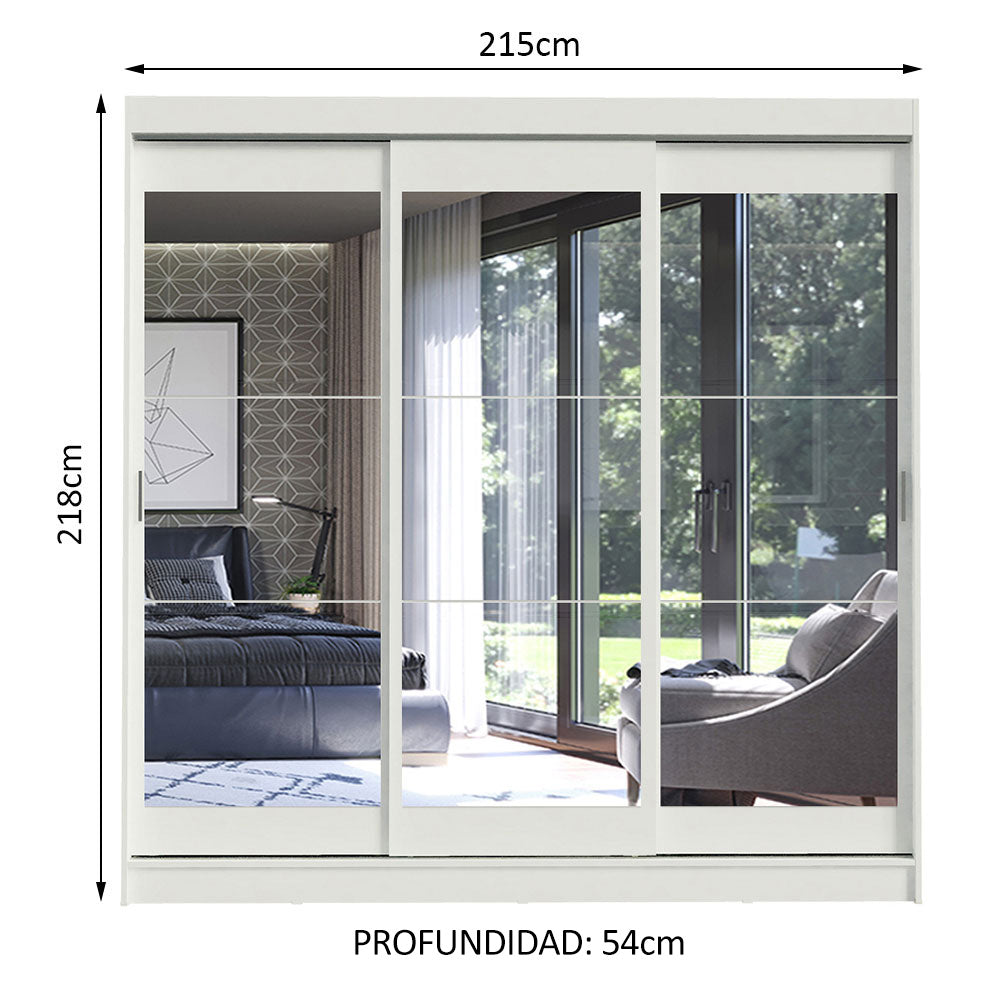 Placard Ropero Matrimonial Madesa Istambul 3 Puertas Corredizas de Espejo 3 Cajones Blanco