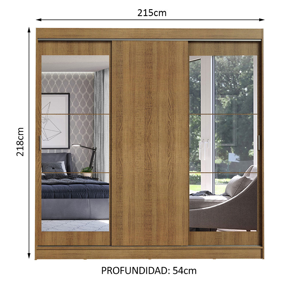 Placard Ropero Matrimonial Madesa Istambul 3 Puertas Corredizas con Espejos 3 Cajones Marrón