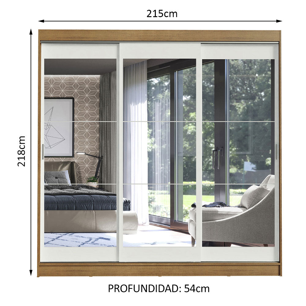 Placard Ropero Matrimonial Madesa Istambul 3 Puertas Corredizas de Espejo 3 Cajones Marrón/Blanco
