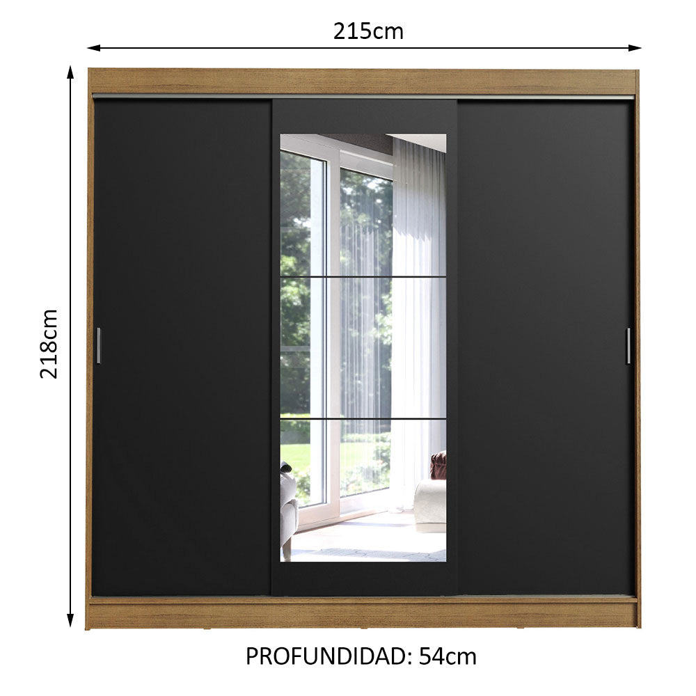 Placard Ropero Matrimonial Madesa Istambul 3 Puertas Corredizas con Espejo 3 Cajones Marrón/Negro