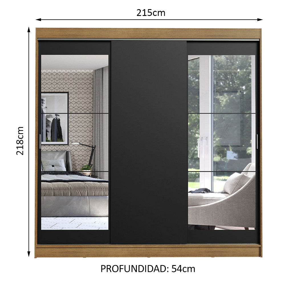 Placard Ropero Matrimonial Madesa Istambul 3 Puertas Corredizas con Espejos 3 Cajones Marrón/Negro