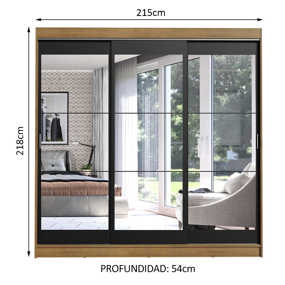 Placard Ropero Matrimonial Madesa Istambul 3 Puertas Corredizas de Espejo 3 Cajones Marrón/Negro