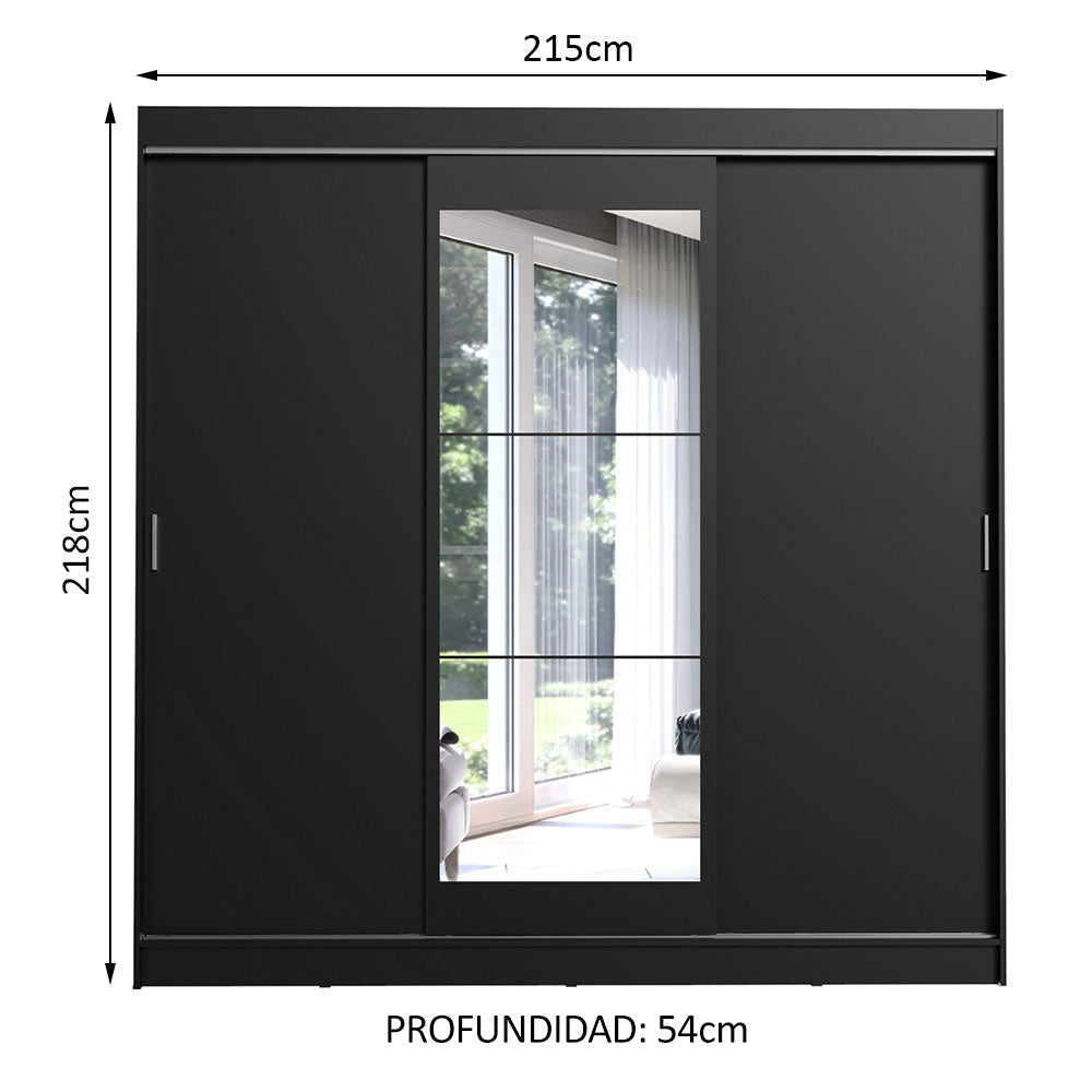 Placard Ropero Matrimonial Madesa Istambul 3 Puertas Corredizas con Espejo 3 Cajones Negro