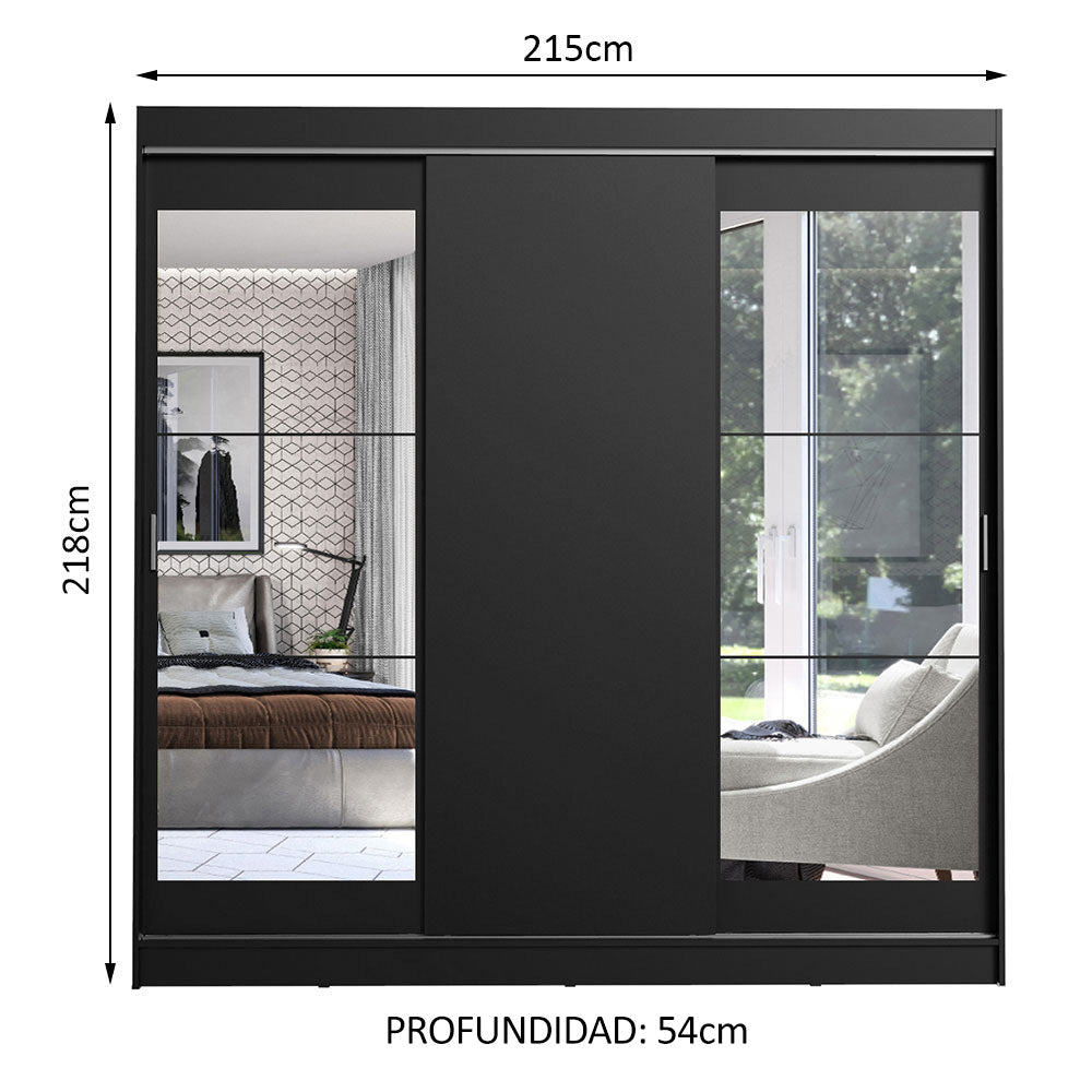 Placard Ropero Matrimonial Madesa Istambul 3 Puertas Corredizas con Espejos 3 Cajones Negro