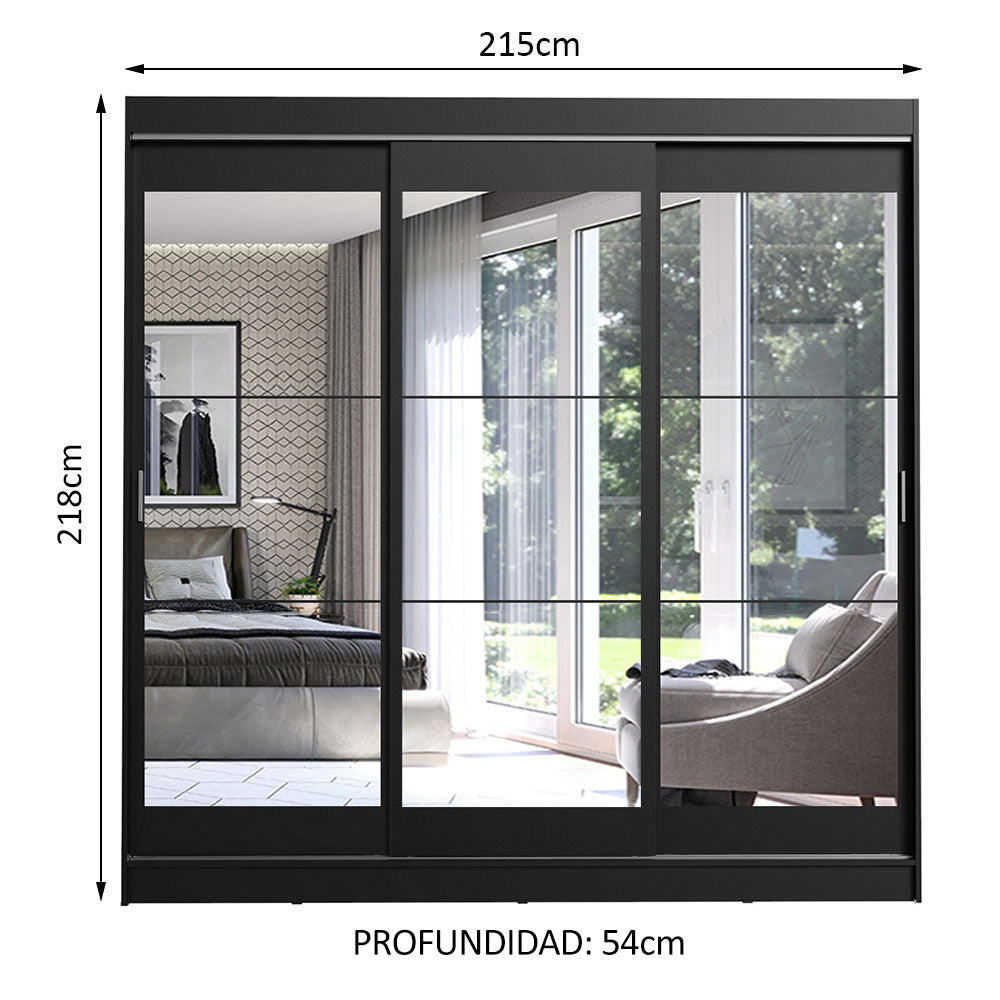 Placard Ropero Matrimonial Madesa Istambul 3 Puertas Corredizas de Espejo 3 Cajones Negro