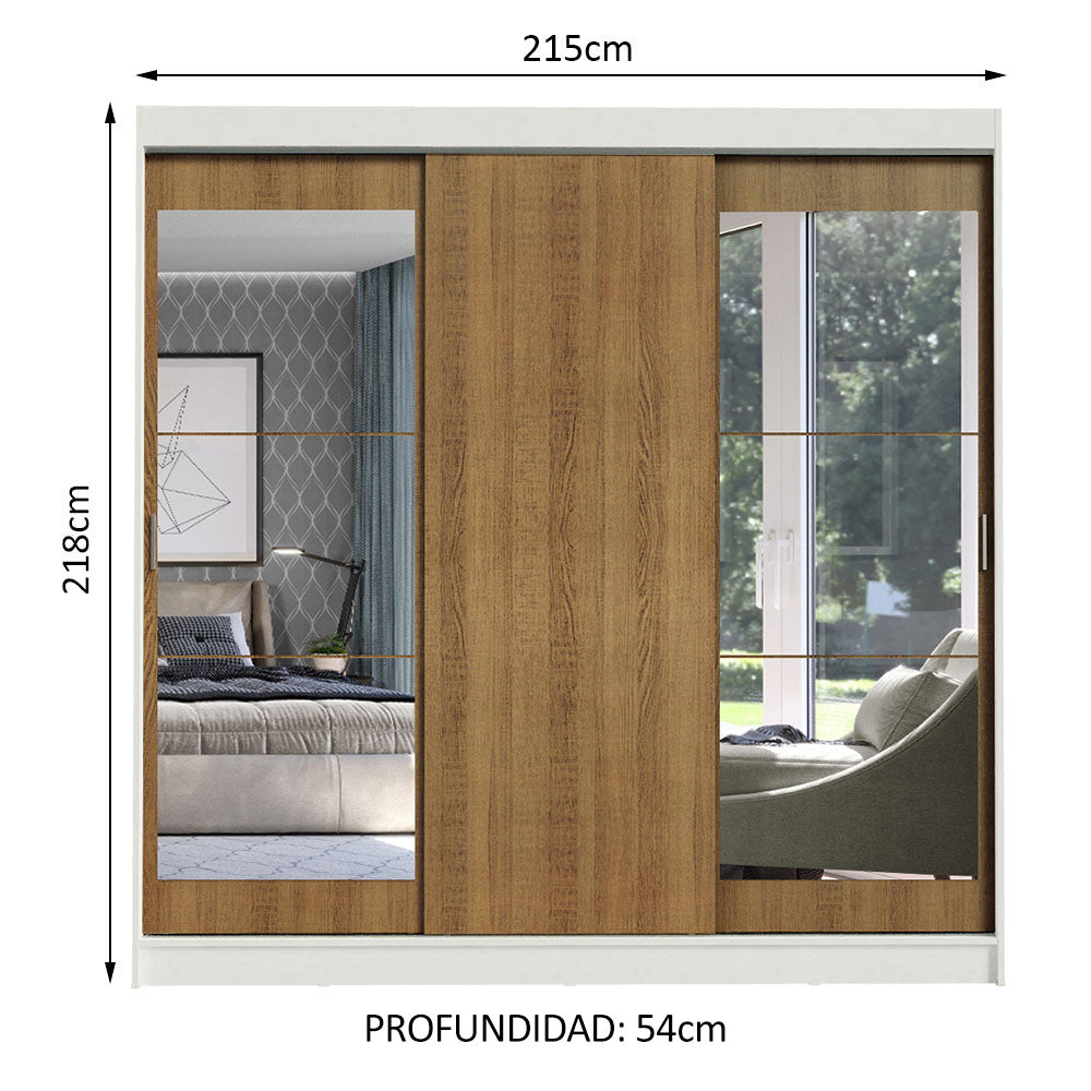 Placard Ropero Matrimonial Madesa Istambul 3 Puertas Corredizas con Espejos 3 Cajones Blanco/Marrón