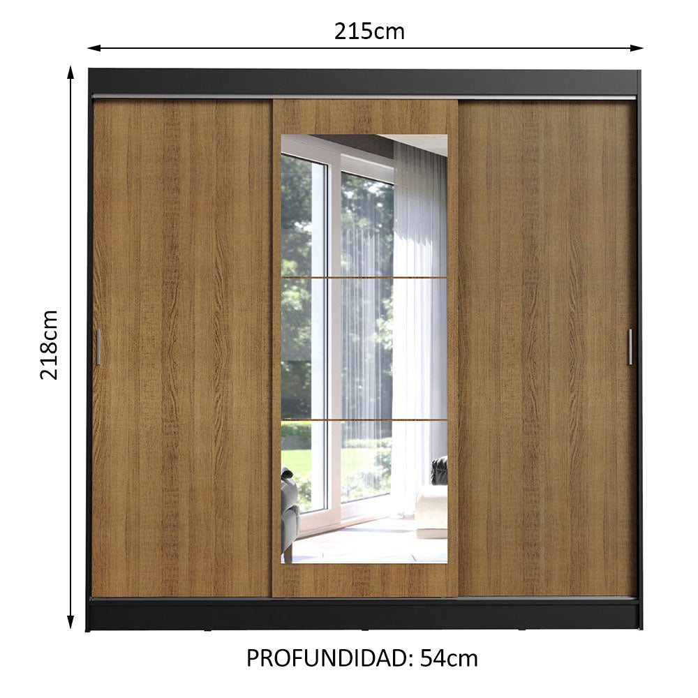 Placard Ropero Matrimonial Madesa Istambul 3 Puertas Corredizas con Espejo 3 Cajones Negro/Marrón