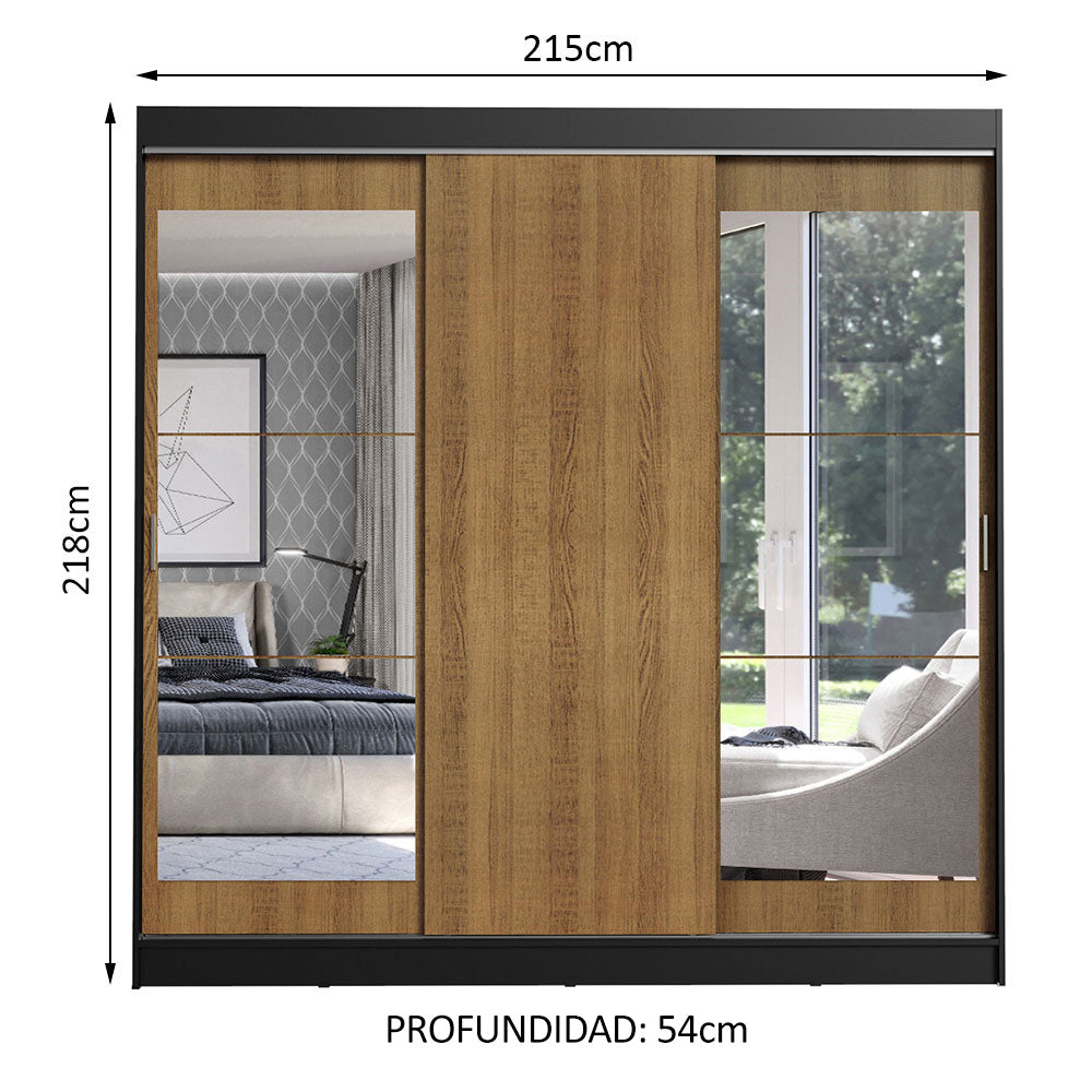 Placard Ropero Matrimonial Madesa Istambul 3 Puertas Corredizas con Espejos 3 Cajones Negro/Marrón