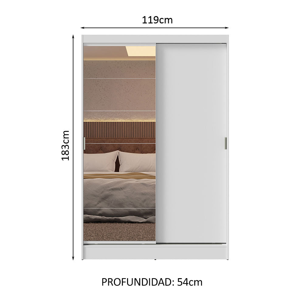 Placard Soltero 2 Puertas Corredizas Espejo 2 Cajones Blanco Max