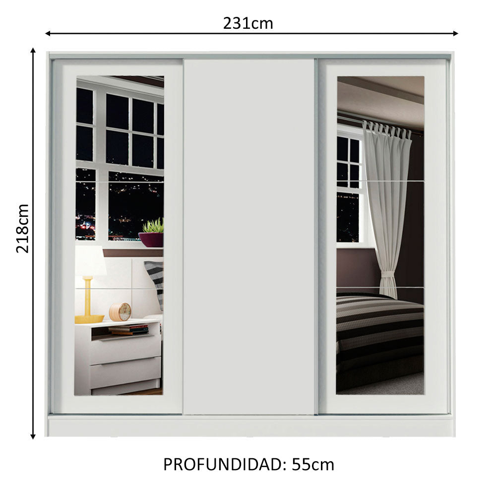 Placard Matrimonial 100% MDF 3 Puertas Corredizas con Espejos Blanco Eros