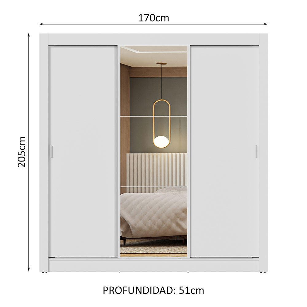 Placard Matrimonial 3 Puertas Corredizas con Espejo Blanco Nobre
