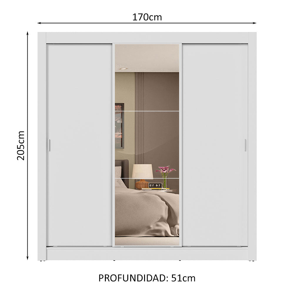 Placard Matrimonial 3 Puertas Corredizas con Espejo 4 Cajones Blanco Sublime Plus