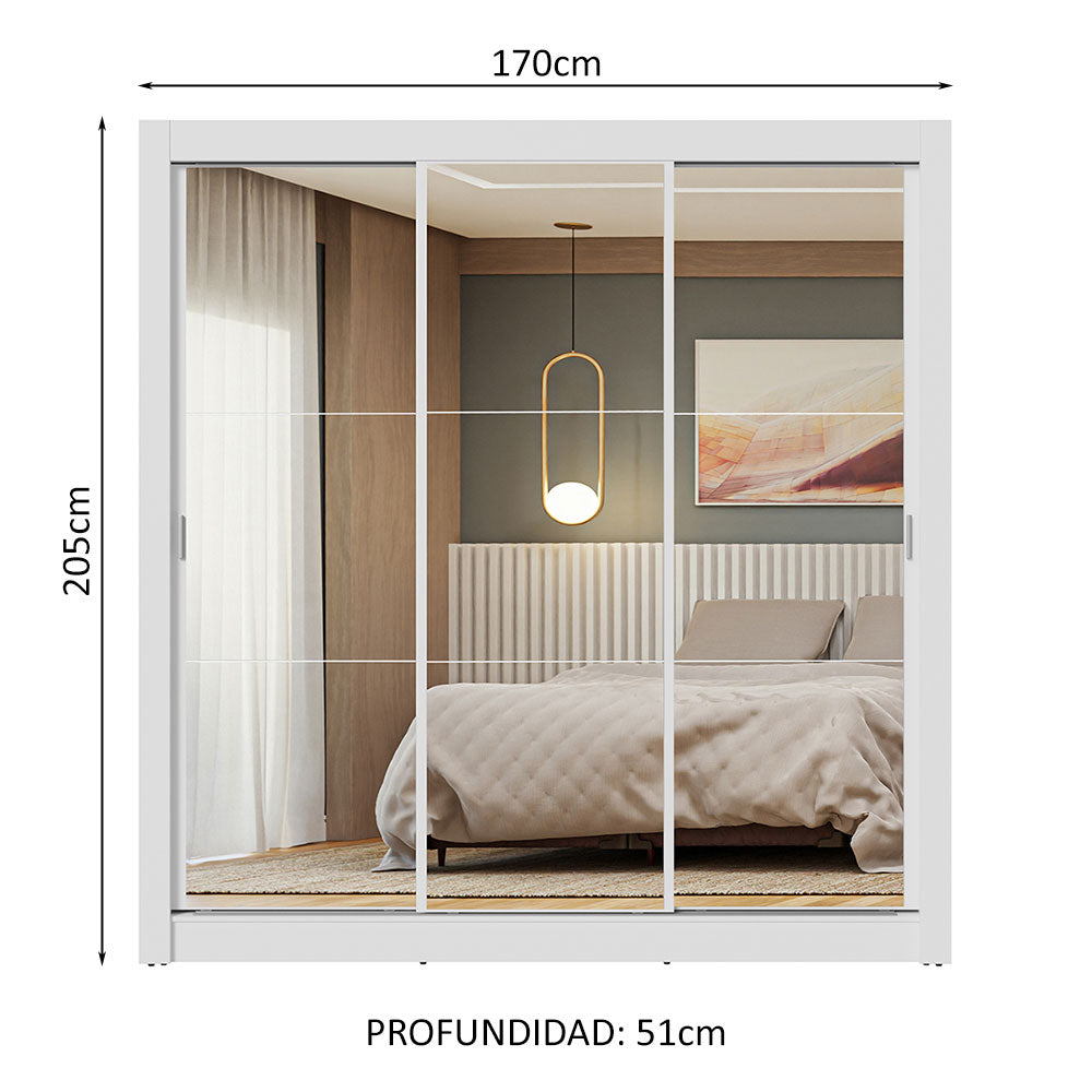 Placard Matrimonial 3 Puertas Corredizas de Espejo Blanco Nobre