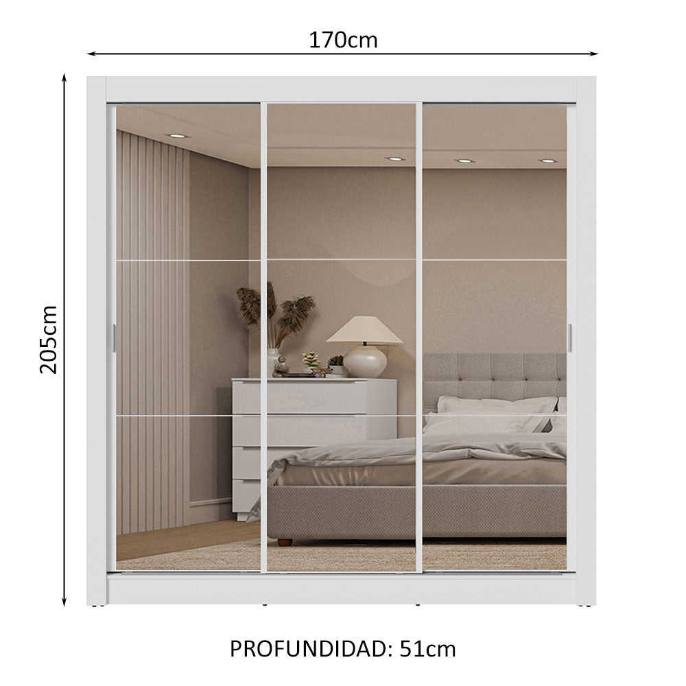 Placard Matrimonial 3 Puertas Corredizas de Espejo 2 Cajones Blanco Sublime