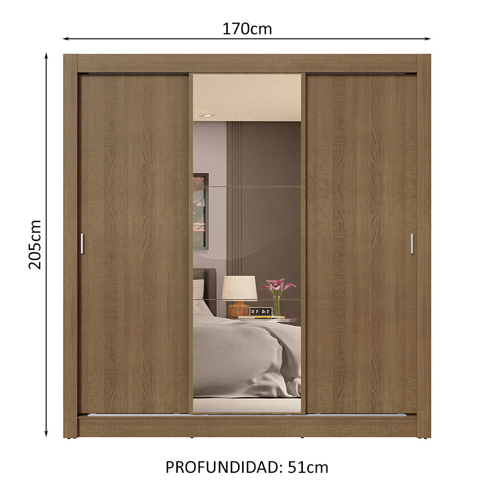 Placard Matrimonial 3 Puertas Corredizas con Espejo 4 Cajones Marrón Sublime Plus