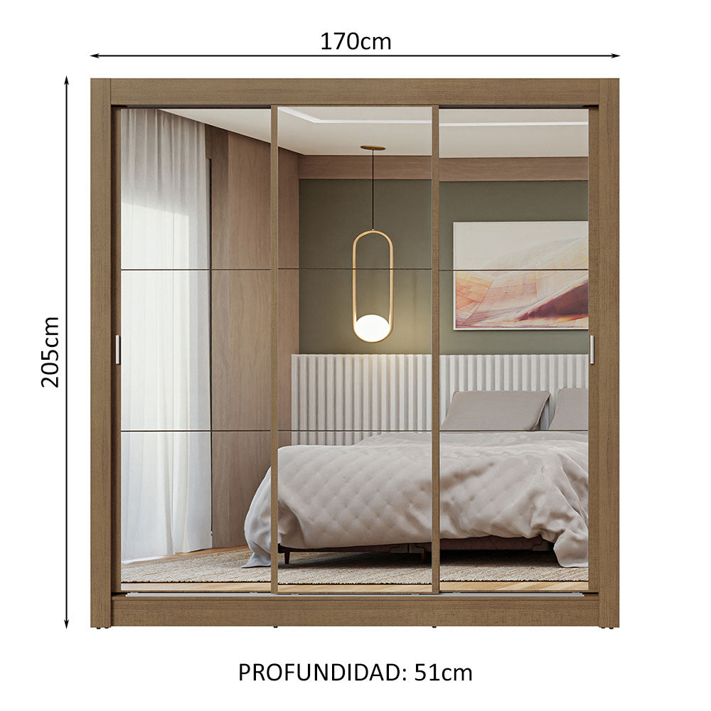 Placard Matrimonial 3 Puertas Corredizas de Espejo Marrón Nobre