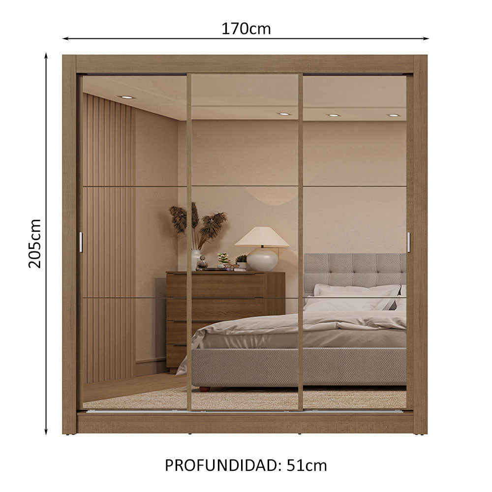 Placard Matrimonial 3 Puertas Corredizas de Espejo 2 Cajones Marrón Sublime