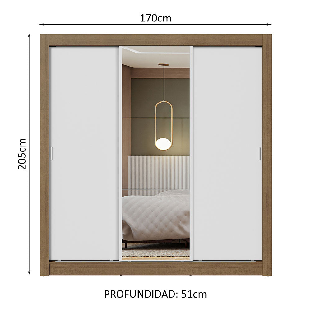 Placard Matrimonial 3 Puertas Corredizas con Espejo Marrón/Blanco Nobre