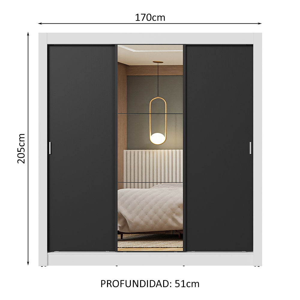 Placard Matrimonial 3 Puertas Corredizas con Espejo Blanco/Negro Nobre