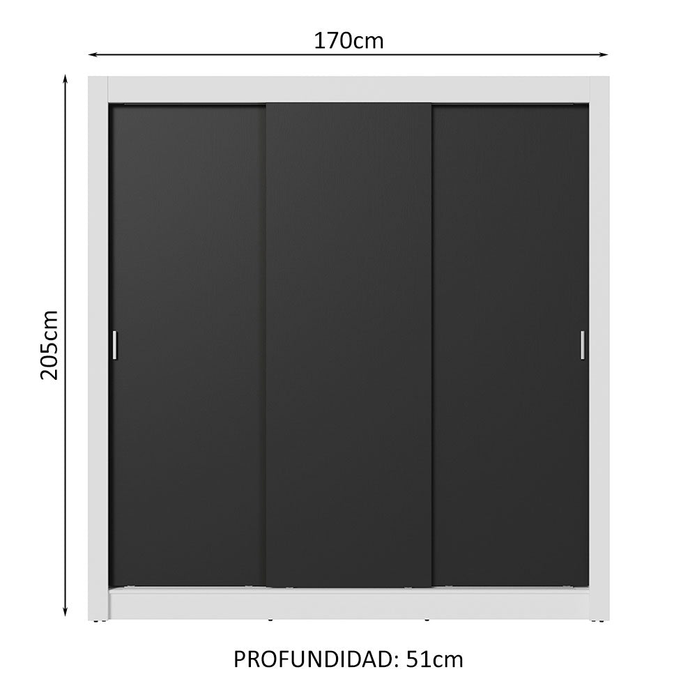 Placard Matrimonial 3 Puertas Corredizas 4 Cajones Blanco/Negro Sublime Plus