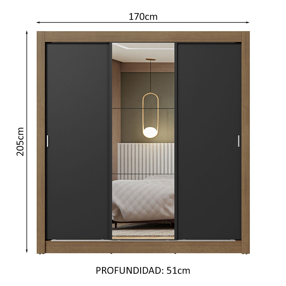 Placard Matrimonial 3 Puertas Corredizas con Espejo Marrón/Negro Nobre