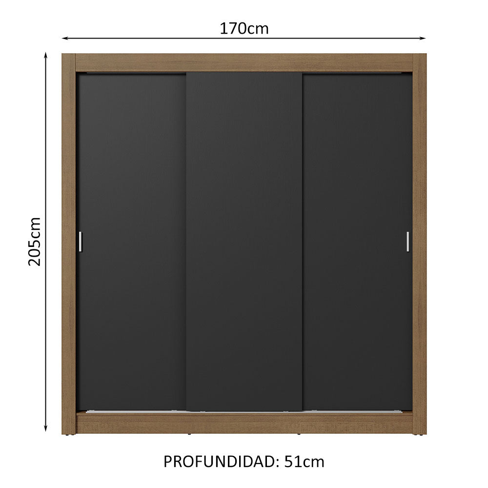 Placard Matrimonial 3 Puertas Corredizas 4 Cajonesa Marrón/Negro Sublime Plus