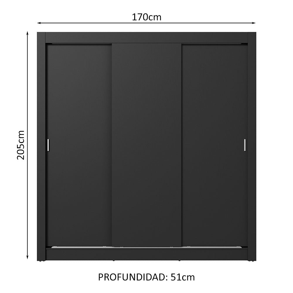 Placard Matrimonial 3 Puertas Corredizas 2 Cajones Negro Sublime
