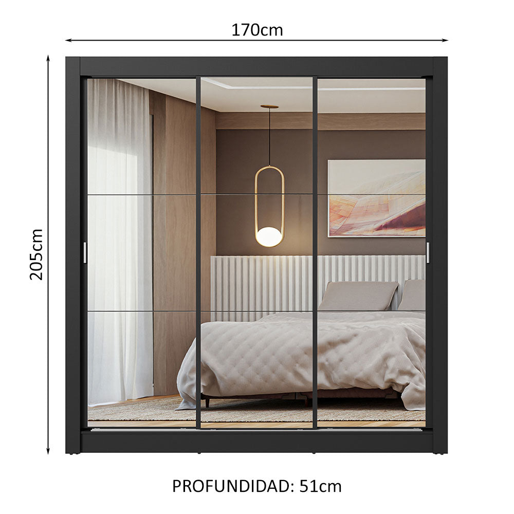 Placard Matrimonial 3 Puertas Corredizas de Espejo Negro Nobre