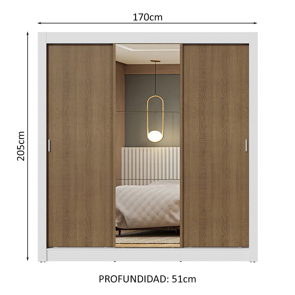 Placard Matrimonial 3 Puertas Corredizas con Espejo Blanco/Marrón Nobre