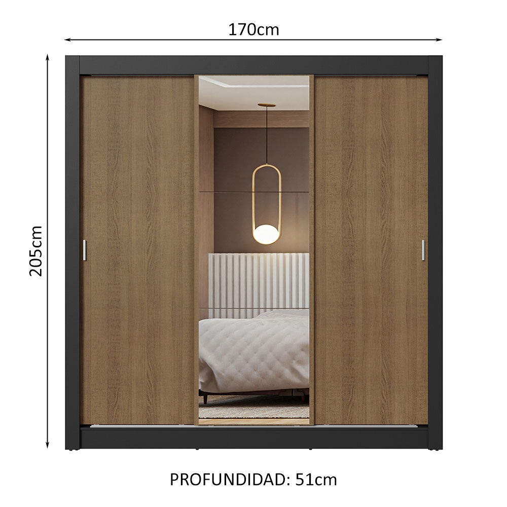 Placard Matrimonial 3 Puertas Corredizas con Espejo Negro/Marrón Nobre