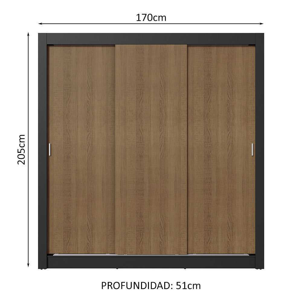Placard Matrimonial 3 Puertas Corredizas 2 Cajones Negro/Marrón Sublime