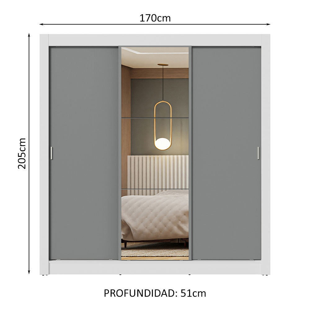 Placard Matrimonial 3 Puertas Corredizas con Espejo Blanco/Gris Nobre