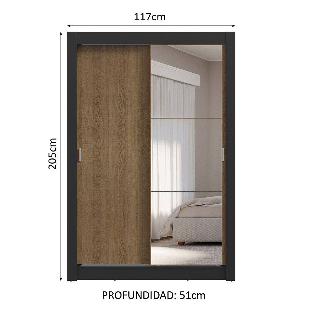 Placard Soltero 2 Puertas Corredizas con Espejo 4 Cajones Negro/Marrón Vivare Plus