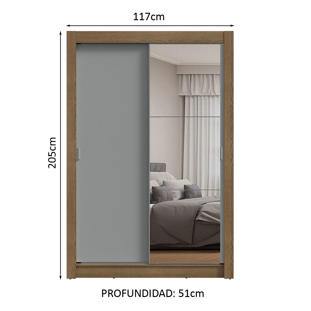 Placard Soltero 2 Puertas Corredizas con Espejo Marrón/Gris Milano