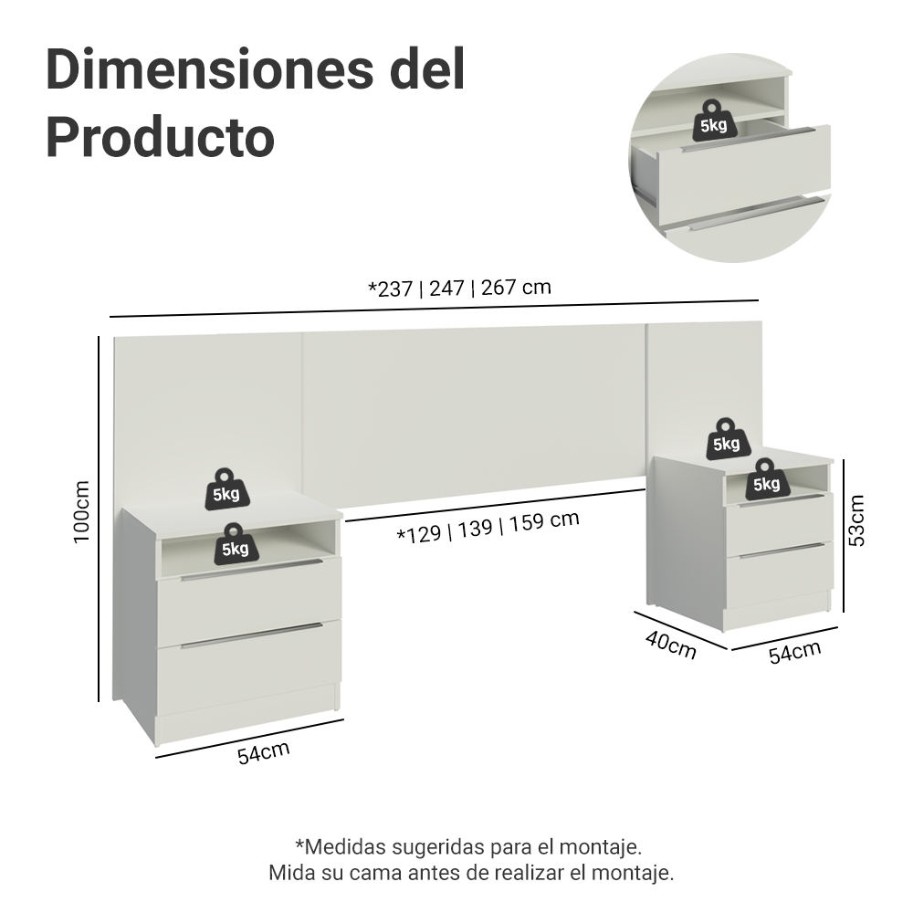 Respaldo de cama extensible Madesa con 2 Mesas de Luz Blanco