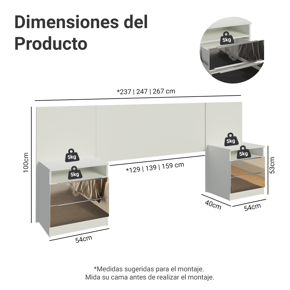 Respaldo de cama extensible Madesa con 2 Mesas de Luz con Espejo Blanco