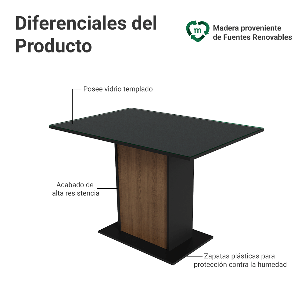 Mesa de Comedor Rectangular con Tapa de Vidrio Marrón/Negro 5329