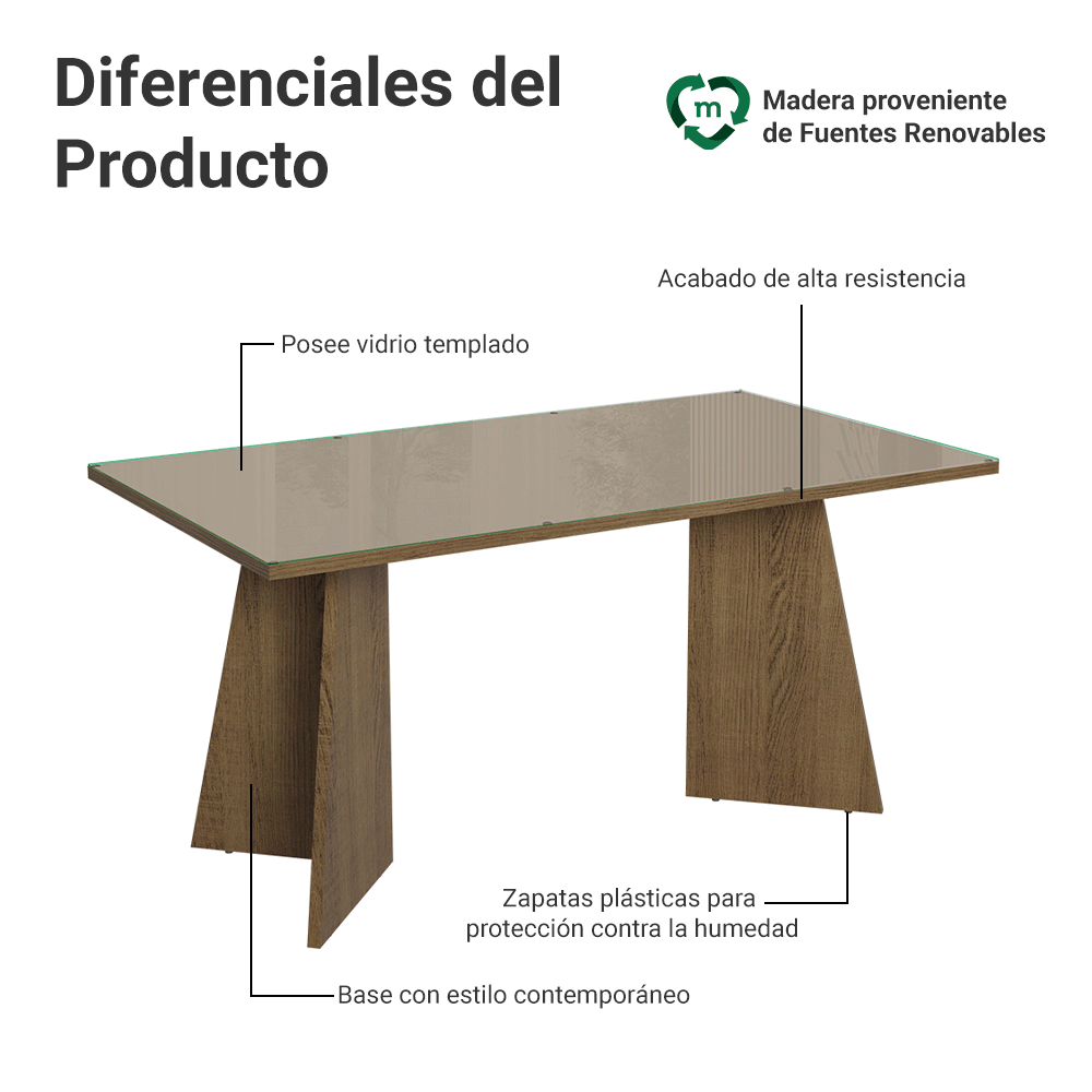 Mesa de Comedor Rectangular con Tapa de Vidrio 5389 Marrón/Crema