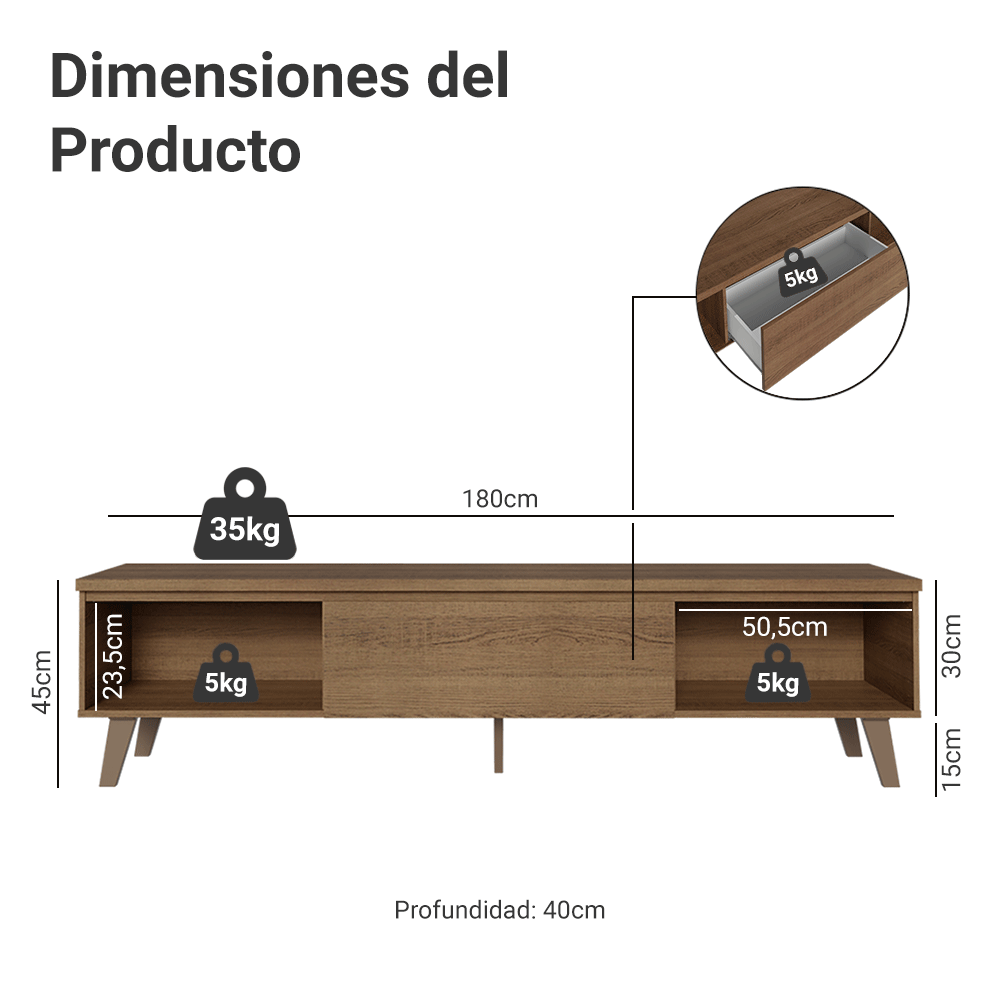 Rack para TV hasta 75 Pulgadas 180 cm 2 Puertas 1 Cajón Marrón Dune Madesa