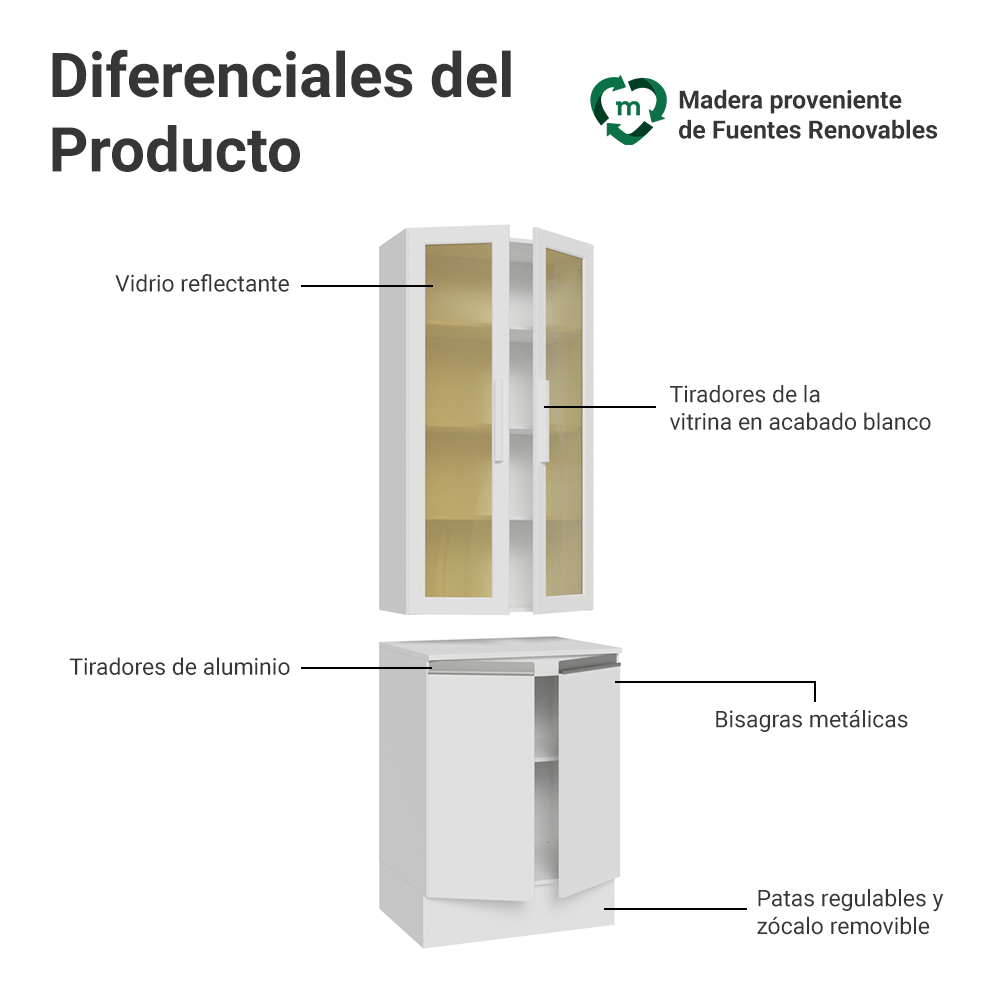 Kit Bajo Mesada + Cristalero 60 cm Smart 100% MDF Blanco
