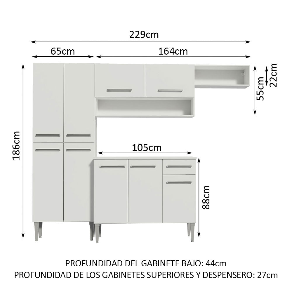 Combo completo de Cocina 229 cm 1 Cajón 9 Puertas Emilly Blanco
