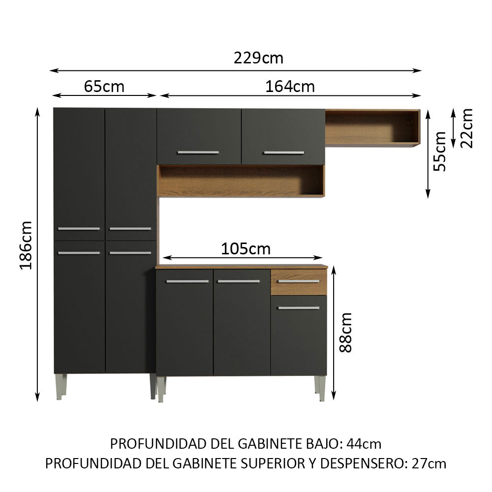 Cocina Compacta 229 cm Emilly Top Marrón/Negro