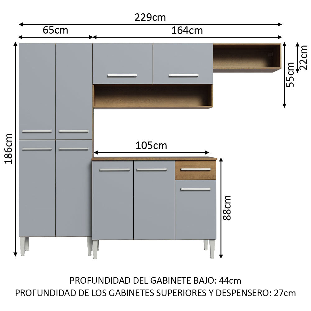 Combo completo de Cocina 229 cm 1 Cajón 9 Puertas Emilly Marrón/Gris