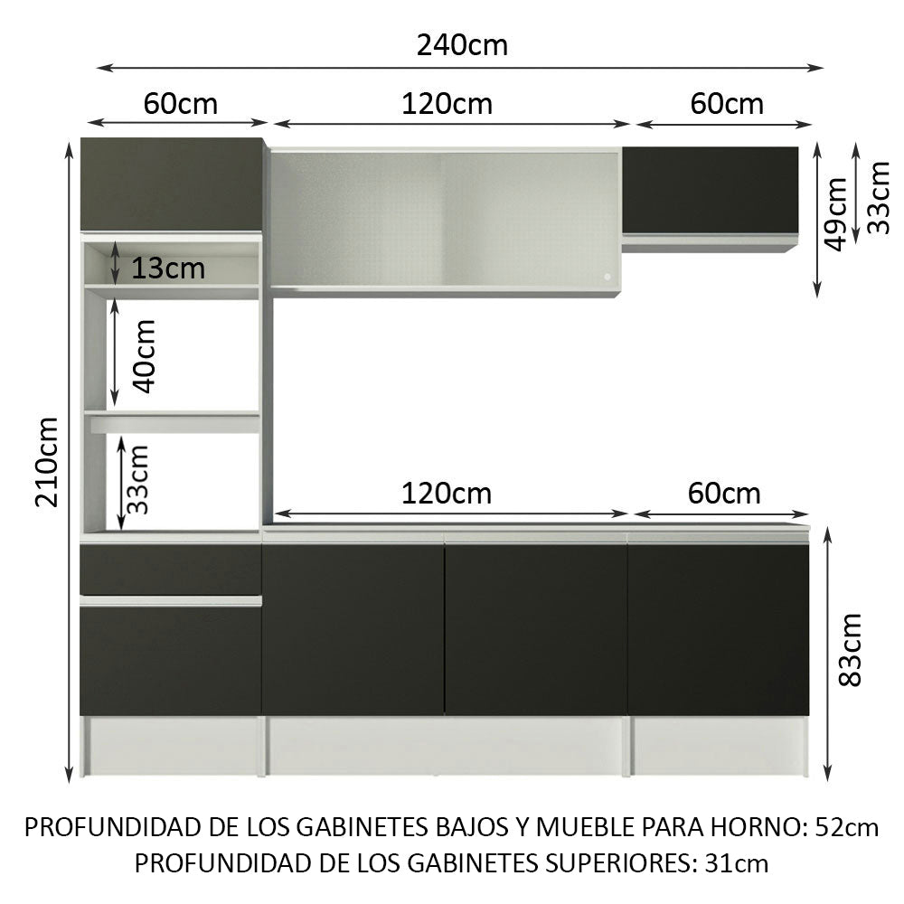 Combo Completo de Cocina 240 cm Blanco/Negro Topazio Madesa