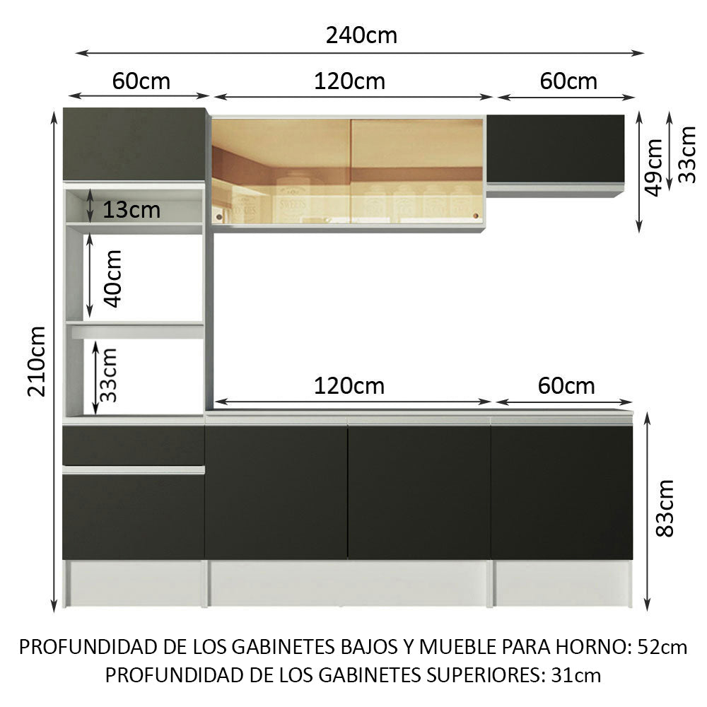 Combo Completo de Cocina 240 cm Blanco/Negro Diamante Madesa