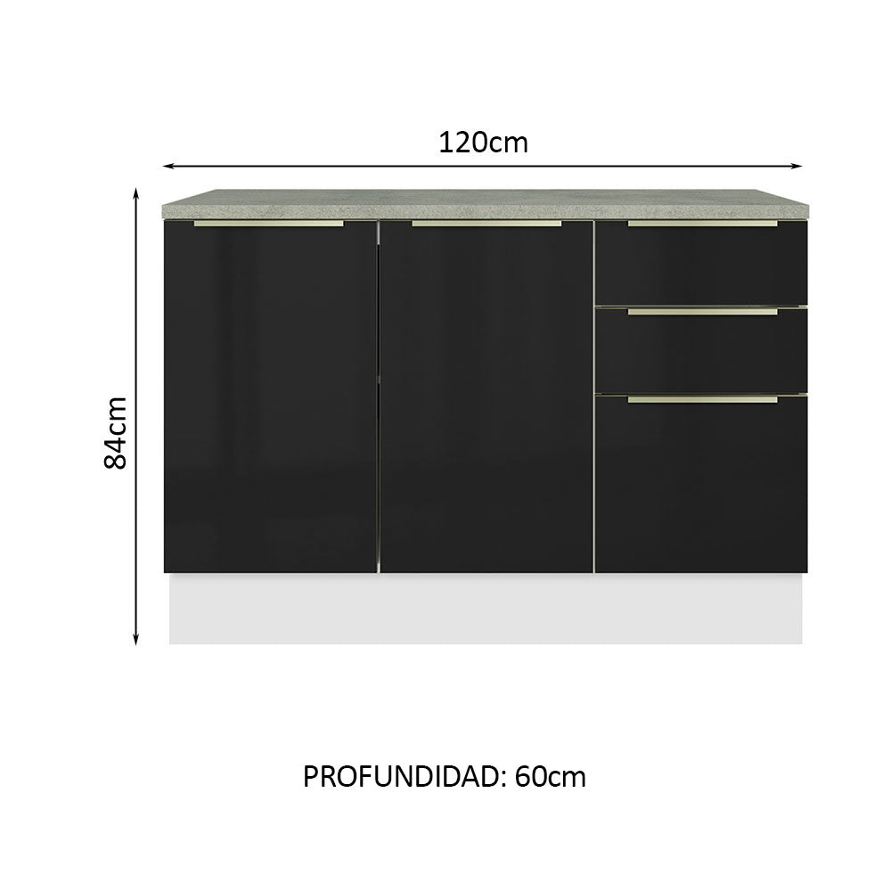 Bajo Mesada Cocina 120 cm x 60 cm, 2 Puertas 3 Cajones (Con Mesada) Lux Blanco/Negro