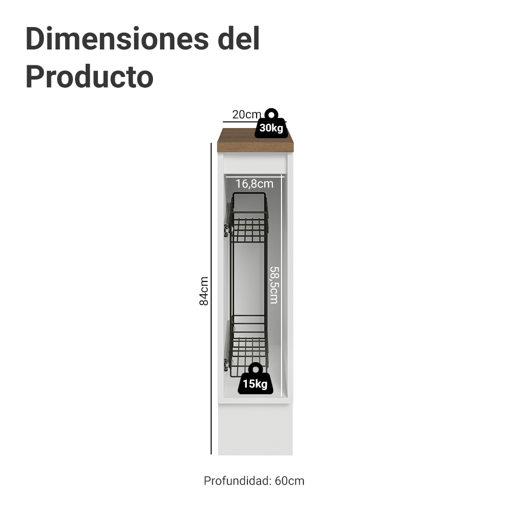Especiero 20 cm X 60 cm, 1 puerta (Con Mesada), Blanco/Blanco Aterciopelado/Marrón Lux Madesa