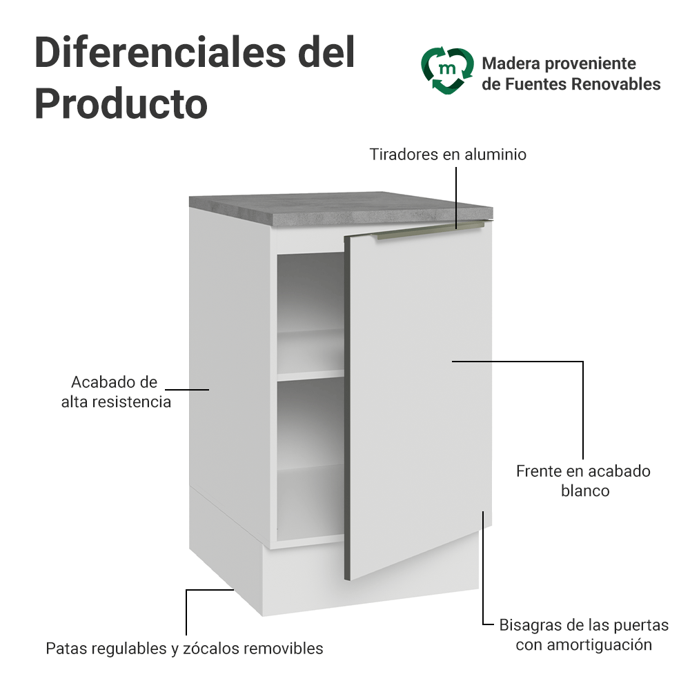 Bajo Mesada 50cm X 60 cm, 1 Puerta (Con Mesada) Blanco aterciopelado Lux Madesa