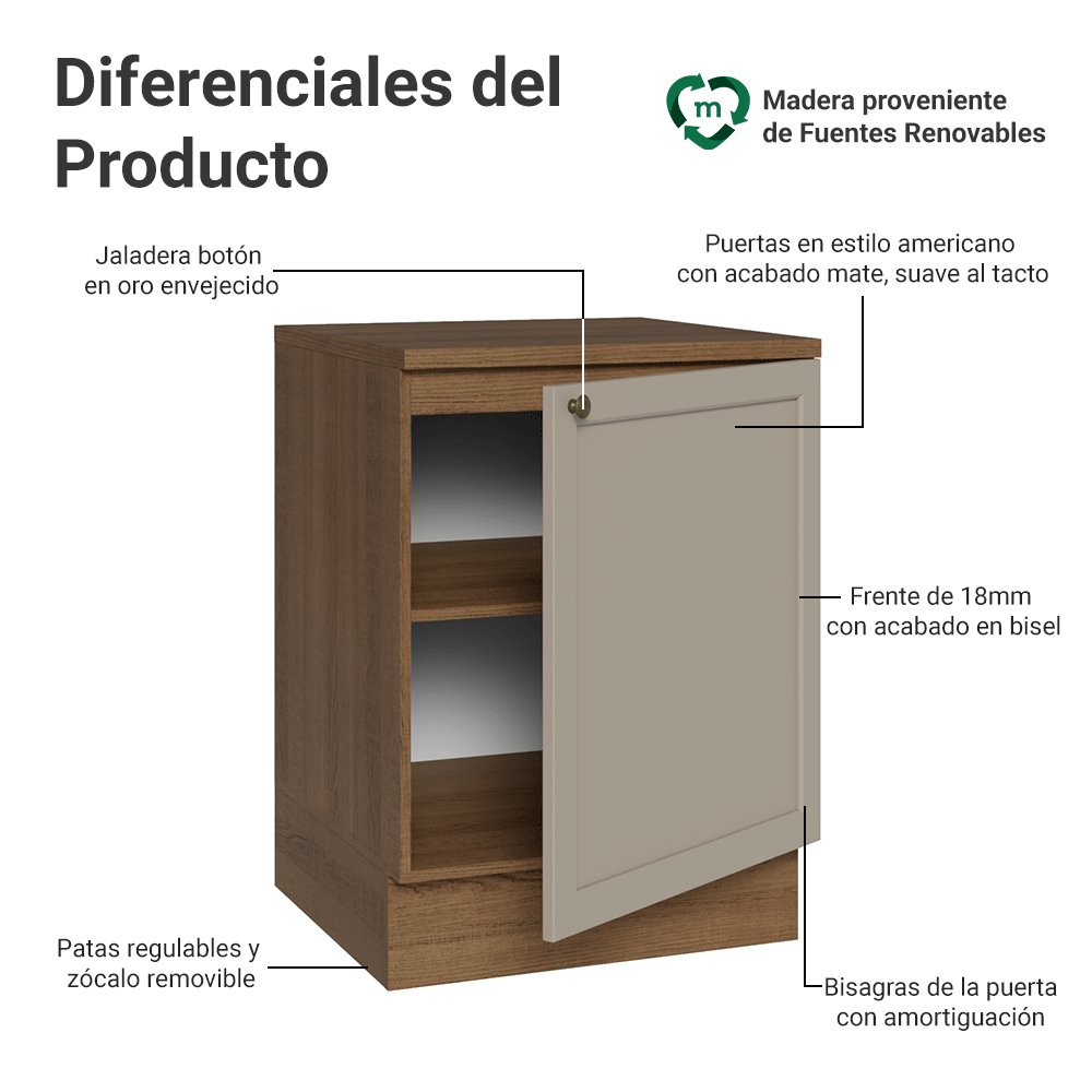 Bajo Mesada 60 x 60 cm 1 Pueta (Con Mesada) Marrón/Crema Vik Madesa
